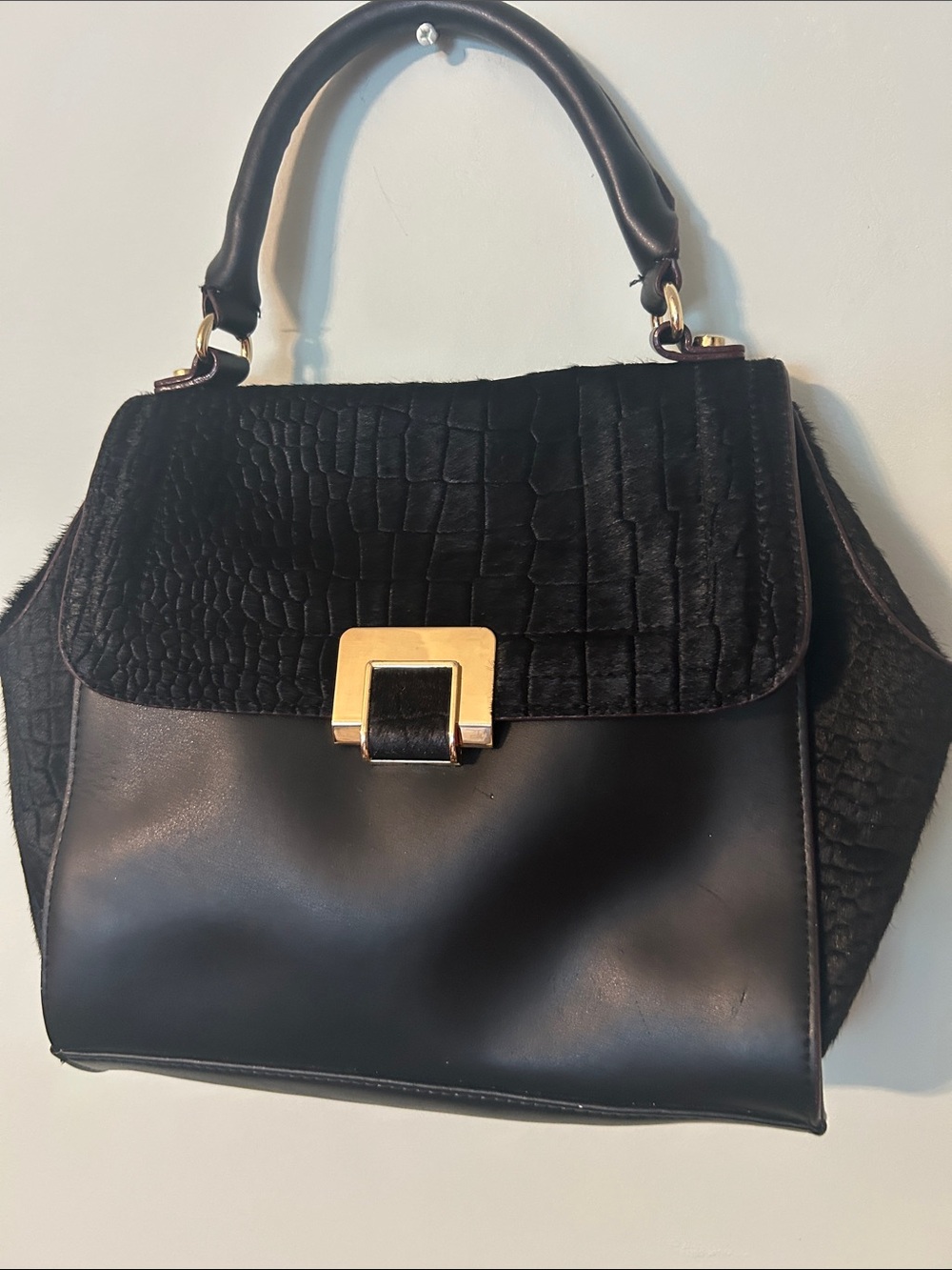 ANTONIO MELANI Black Structured Top-Handle Satchel with Croc-Embossed Flap